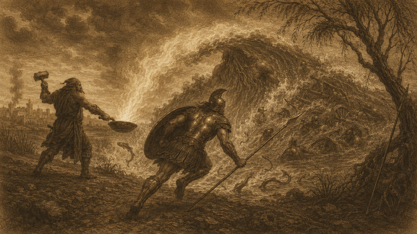Pen-and-ink: Achilles's Aristeia at the River Scamander