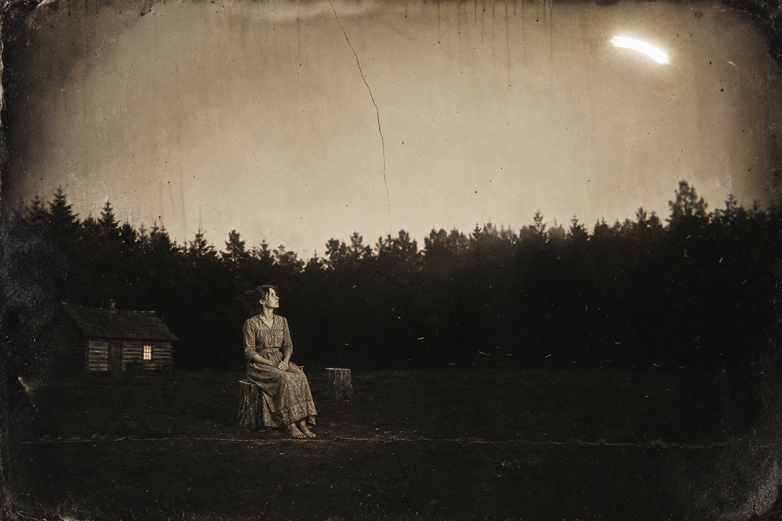 July gone to make his rounds, Elmira sits alone on the stump as the moon rises over the pines and she smiles at the thought of going up the Arkansas to find Dee Boot.