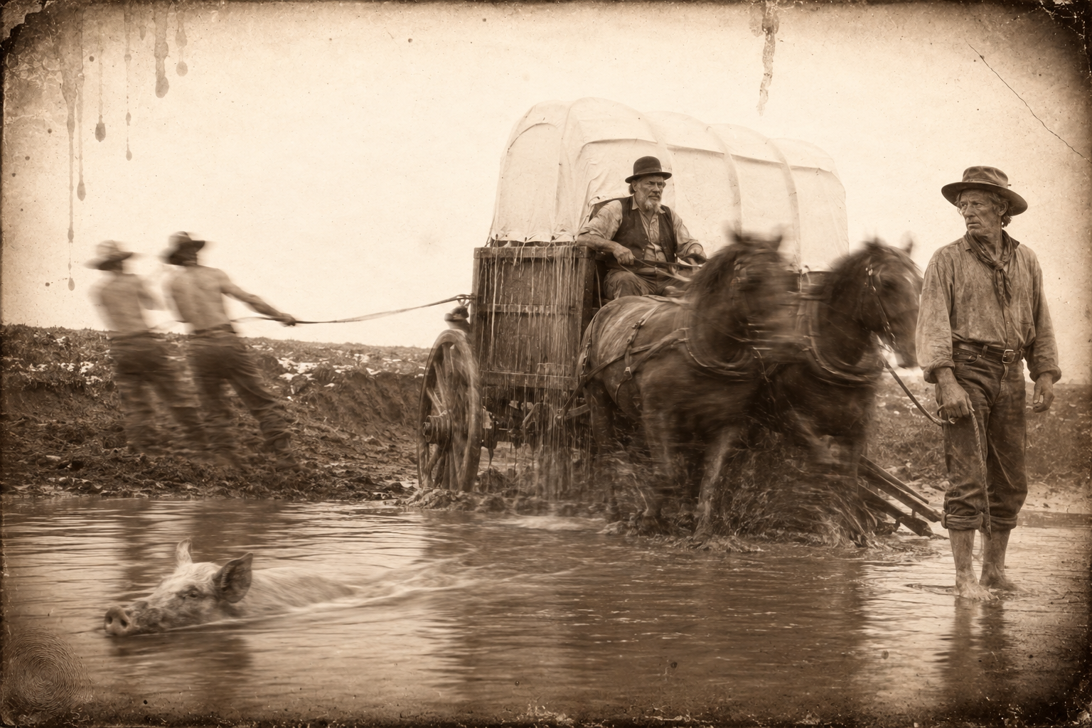 The hands haul the chuck wagon out of the river and the blue shoat jumps clear and swims across on its own.