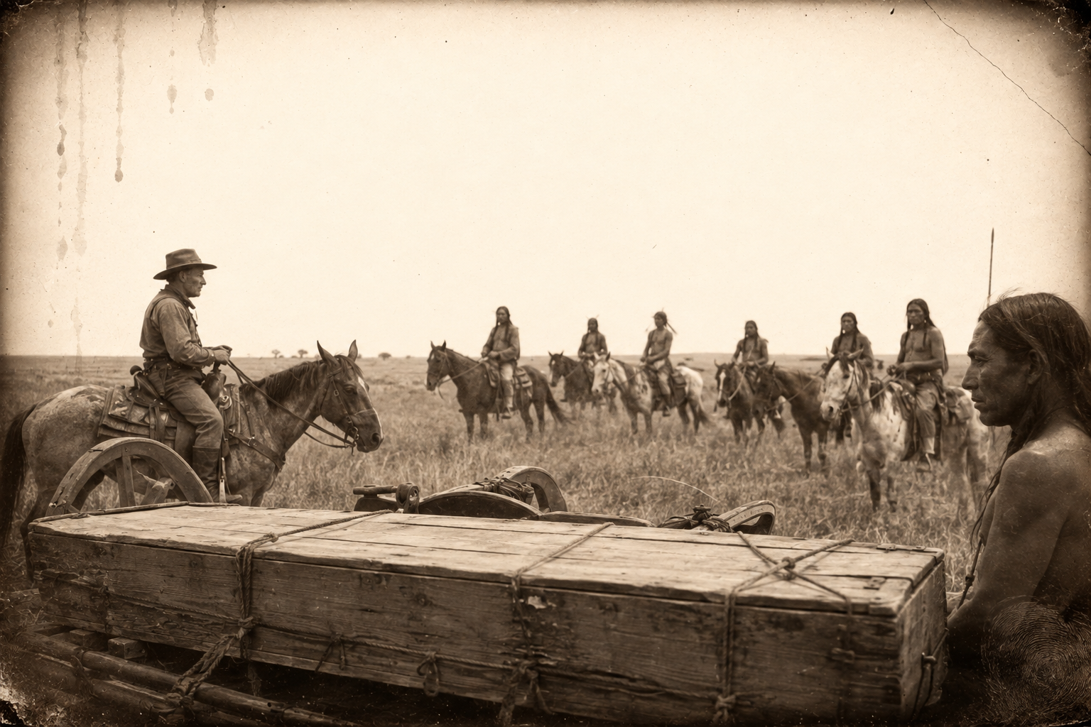 A party of Ogallala braves rides out on fat spring-grass ponies to look at the man carrying his compañero home, and one asks him why he does not bury him.