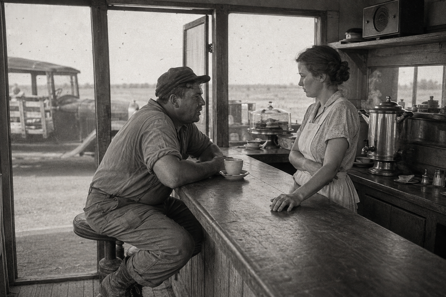 The driver and the waitress at the counter