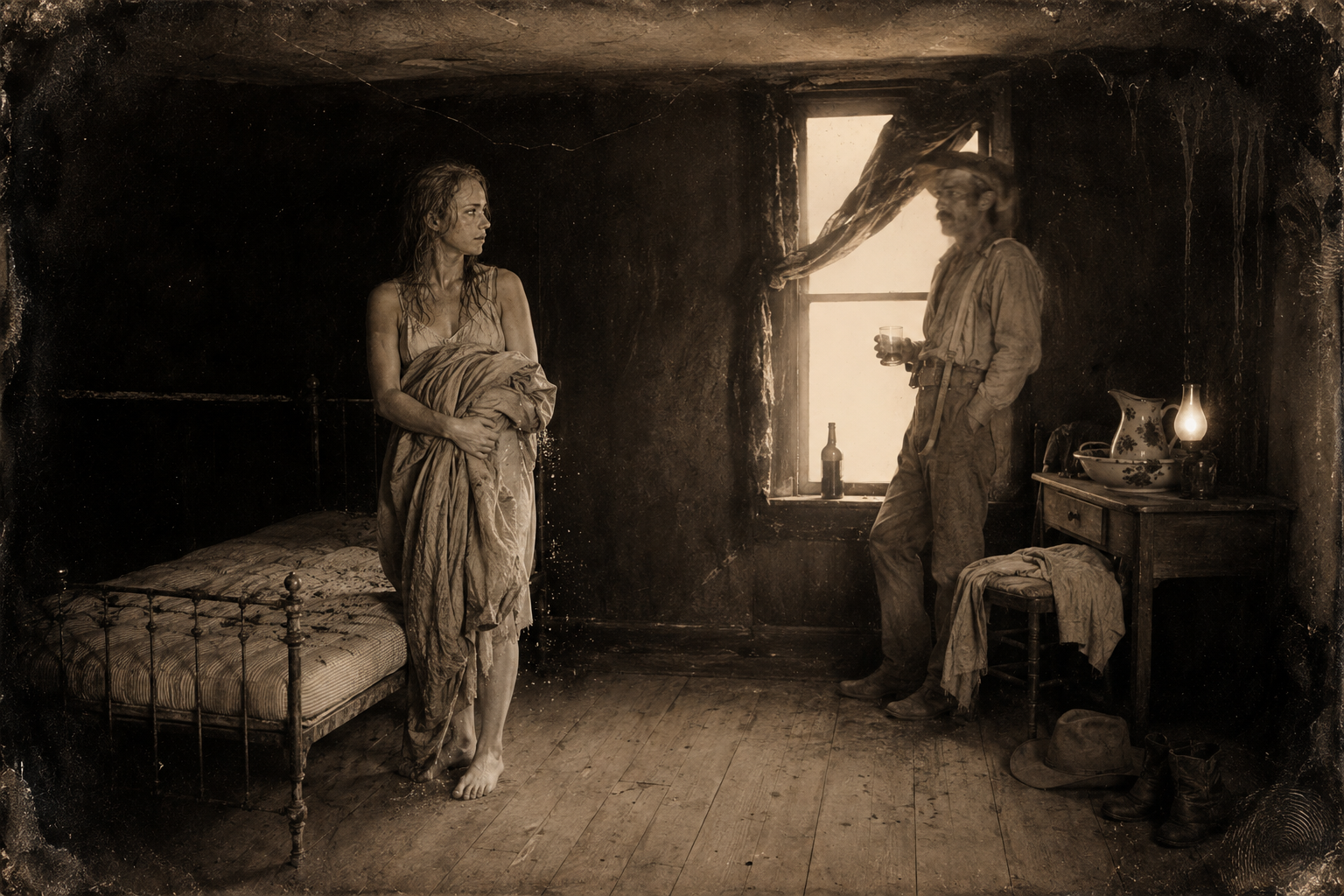 Lorena strips the gritty sheet off the bed in her shift and tells him she is leaving when he leaves, herd or no herd; Jake looks around from the window.