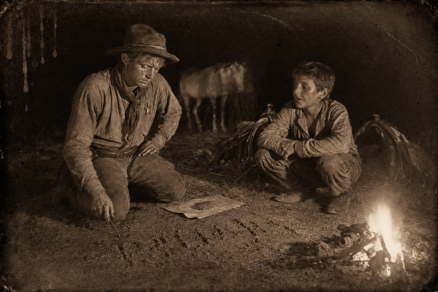 Camped on the road, July scratches the word "skeeters" in the dirt and asks Joe whether he has spelled it right.