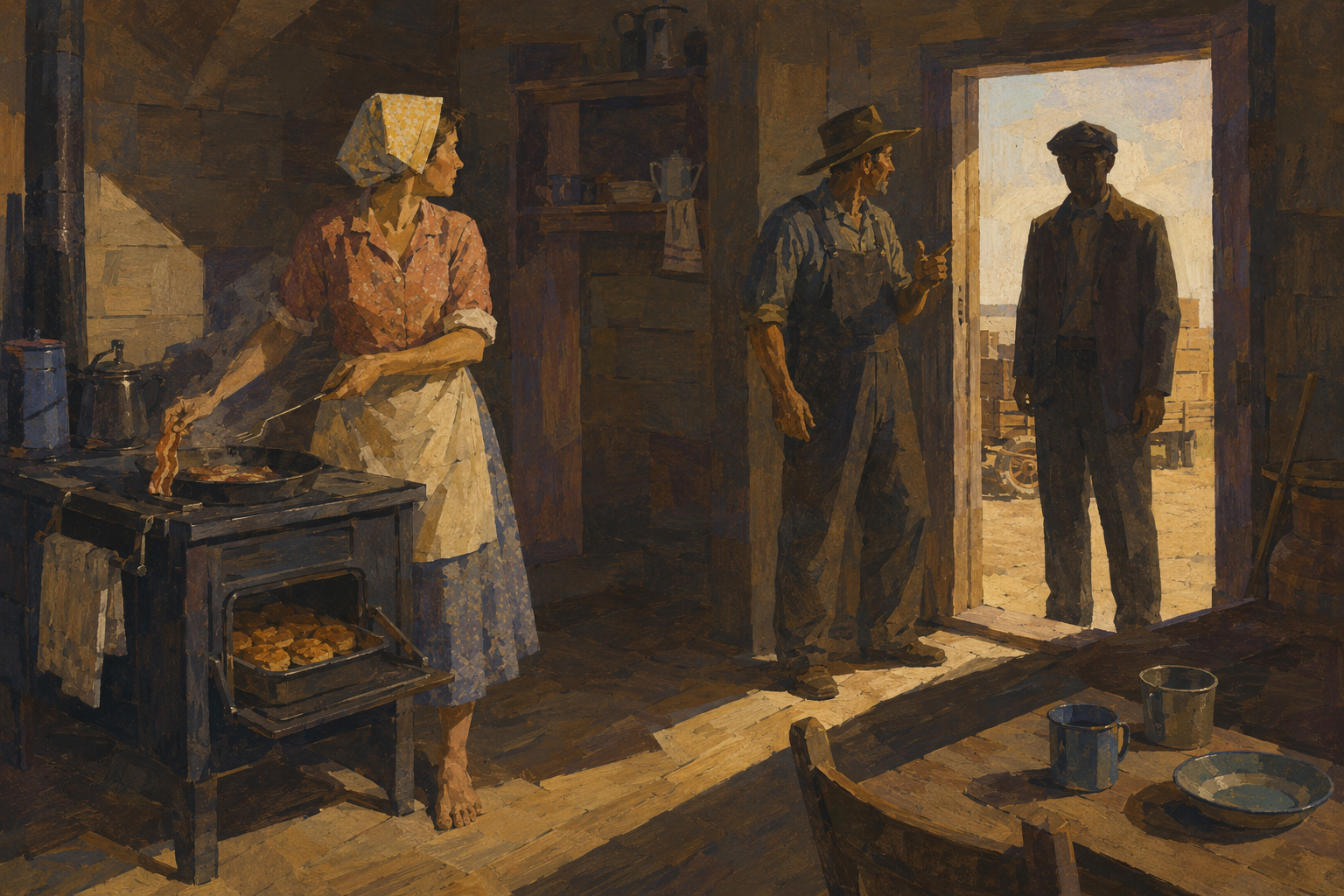 Ma at the stove, a stranger in the doorway
