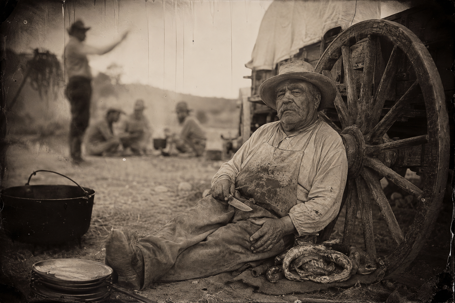 "Bol has learned to season but he forgot to learn to cook." — Bolivar rests against a wagon wheel and ignores the sally, wavering in his mind whether to stay or go home to Mexico and shoot his wife.