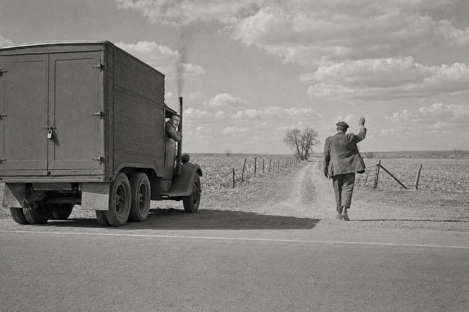 The dirt road, and "Luck!"