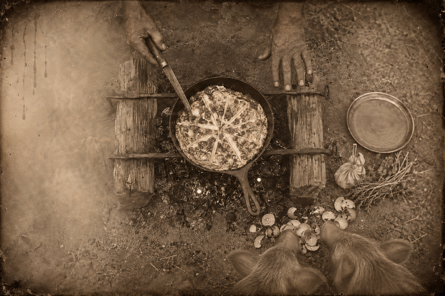 Po Campo's grill — two branding irons laid across chunks of firewood, the huge skillet, the egg pie cut into slices, the two blue pigs eating the shells.