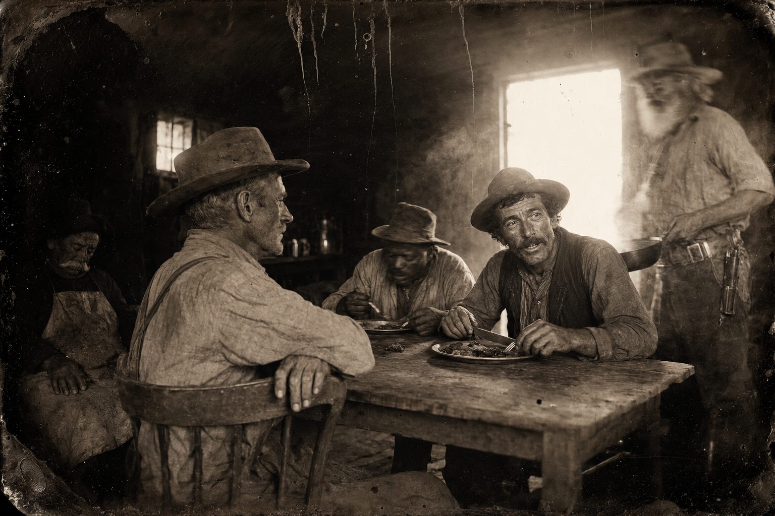 Jake picks fastidiously at Augustus's fried meat and tells them about Montana — grass and water past the Yellowstone, free cattle, a fortune for whoever gets there first — and Call comes back in and straddles a chair to hear it.