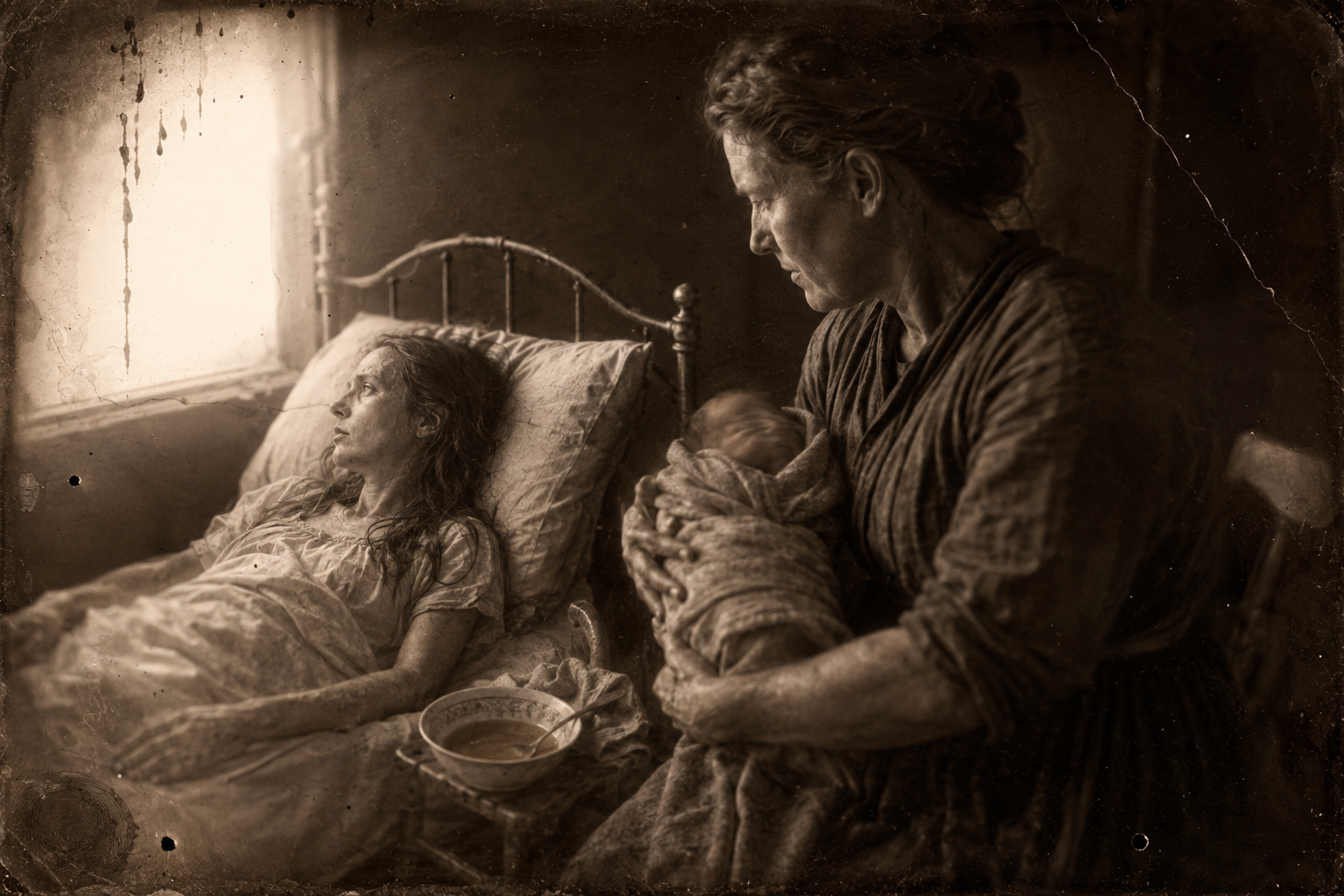 Clara brings the wrapped child to its mother and Elmira turns her wide eyes away and will not look at it.