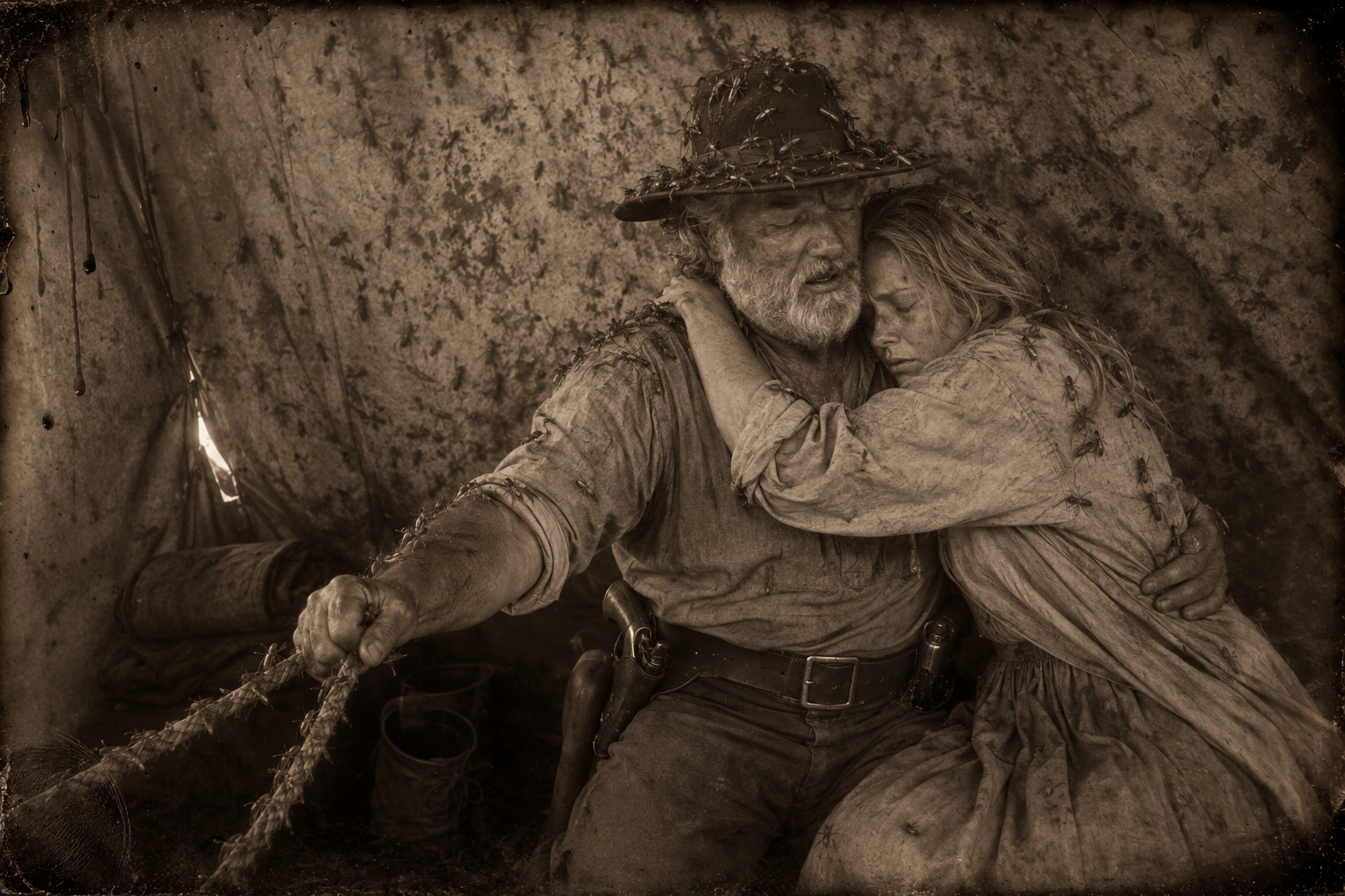 Inside the tent, the canvas black with insects, Lorena clings to Augustus with her eyes shut while he holds the two lead ropes.