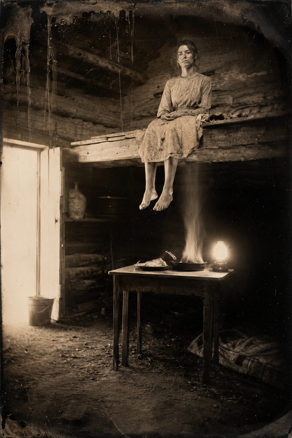 Inside the cabin — Elmira sits up in the sleeping loft with her feet dangling over the table, the supper already cooked and set out below her.