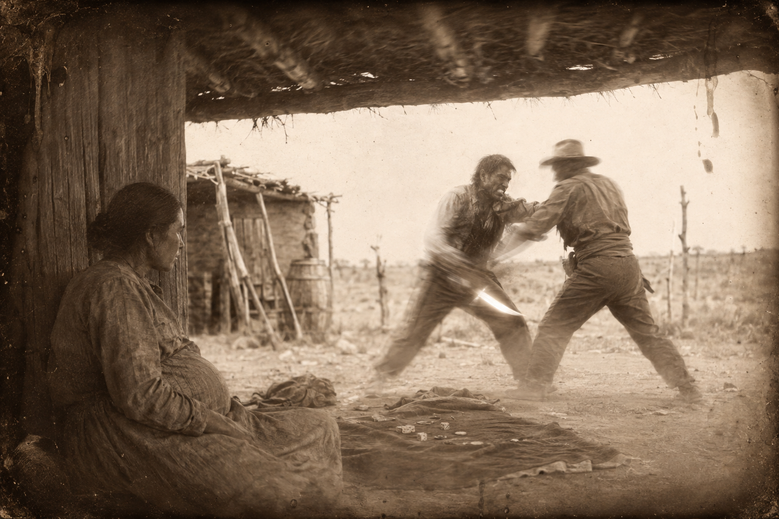 Two Mexicans go at one another with knives in the yard, like butchers, while she watches from under her shed.