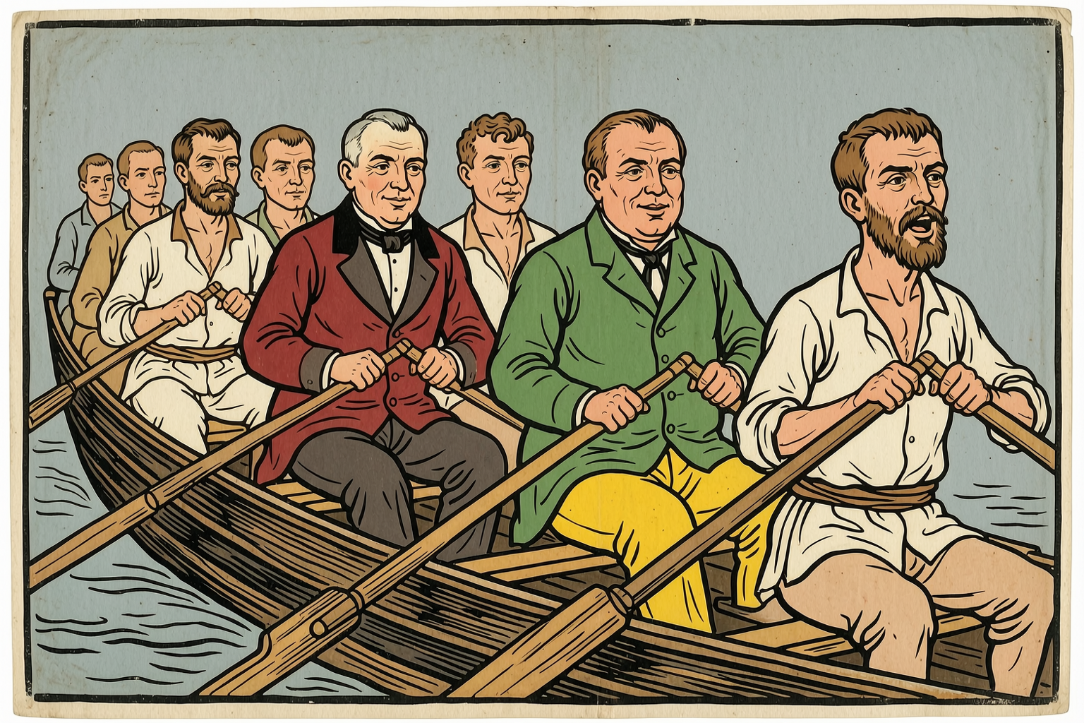 Twenty-four oars raised at once