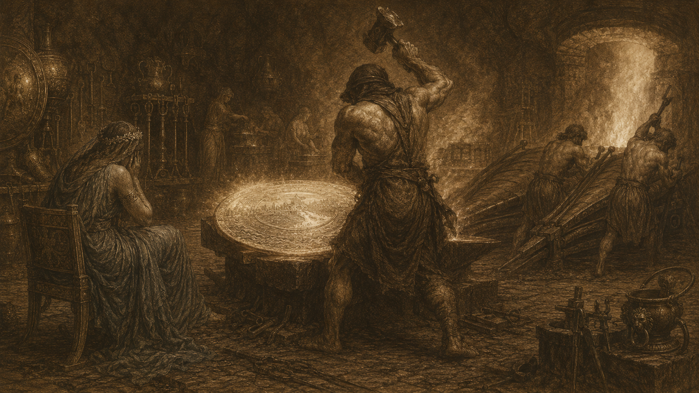 Pen-and-ink: Achilles Mourns; the Forging of the Shield
