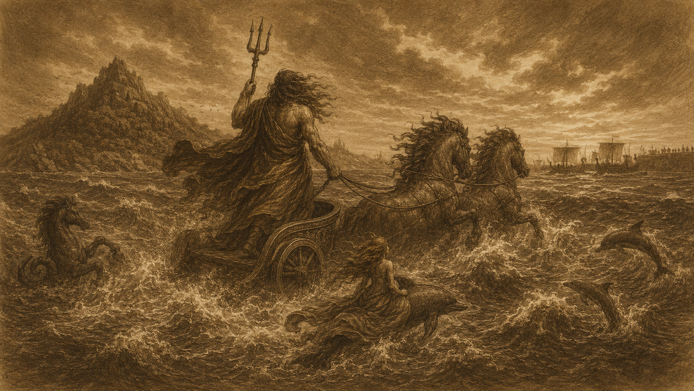 Pen-and-ink: Poseidon's Aristeia by the Ships
