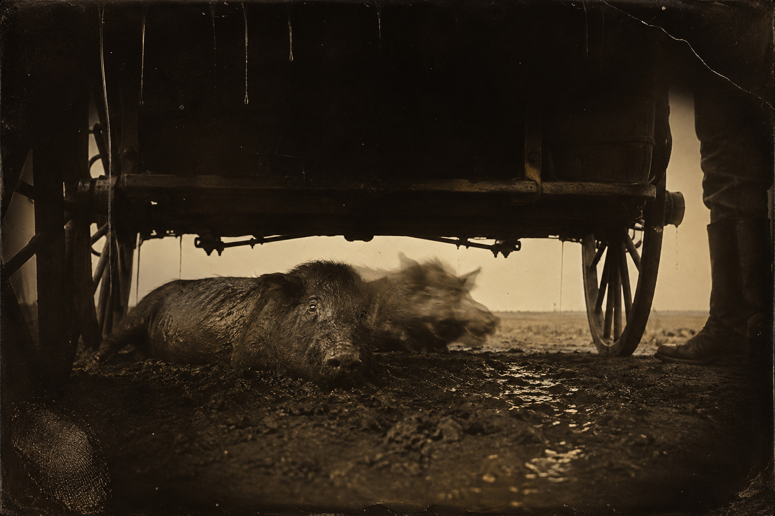 Call looks around in the half dark and finds Augustus's two pigs lying under the wagon, snuffling — they have tracked the outfit out from town.