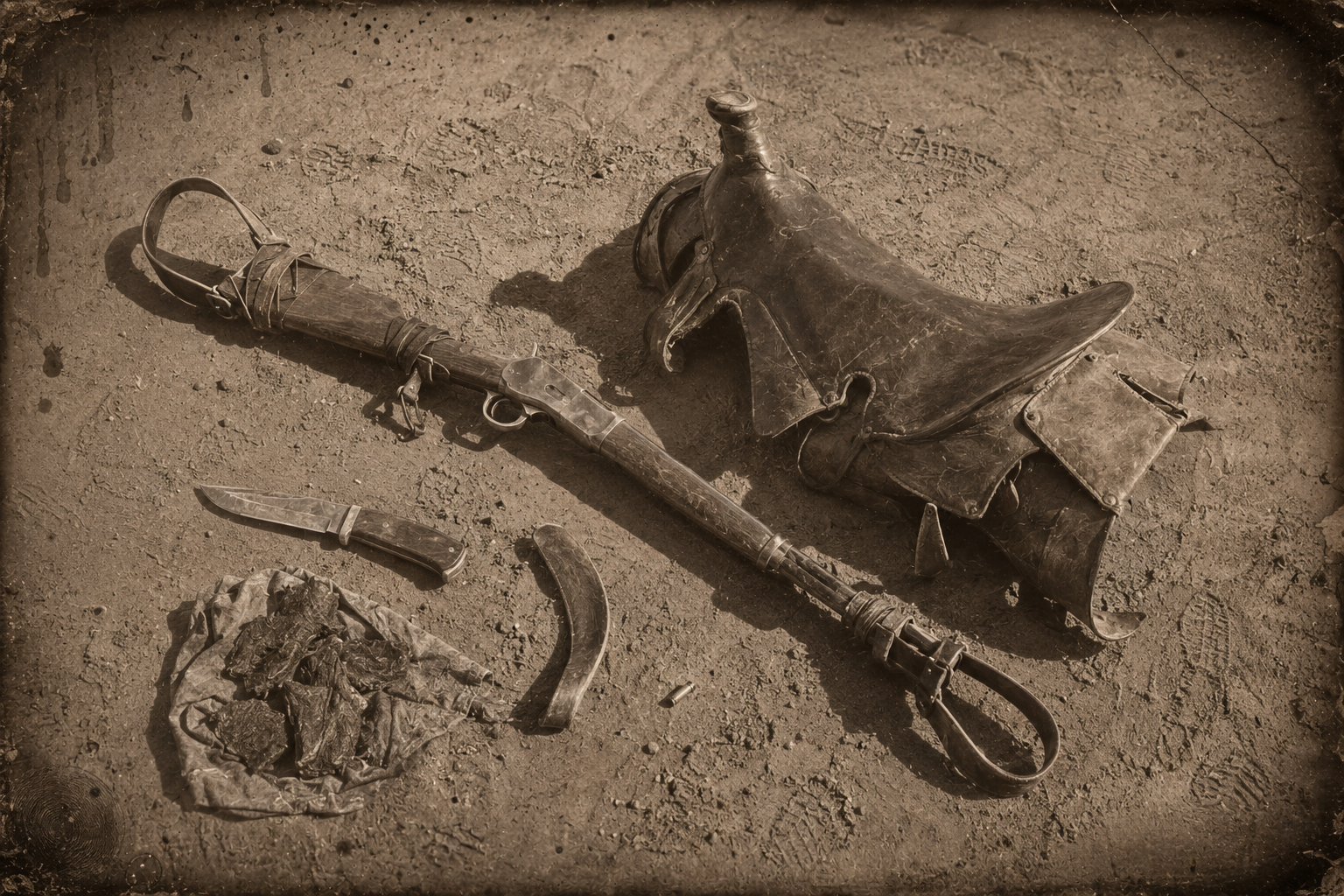 He cuts the stirrups off the saddle and lashes one to each end of the captured carbine, padding it with saddle leather, to make a crutch.