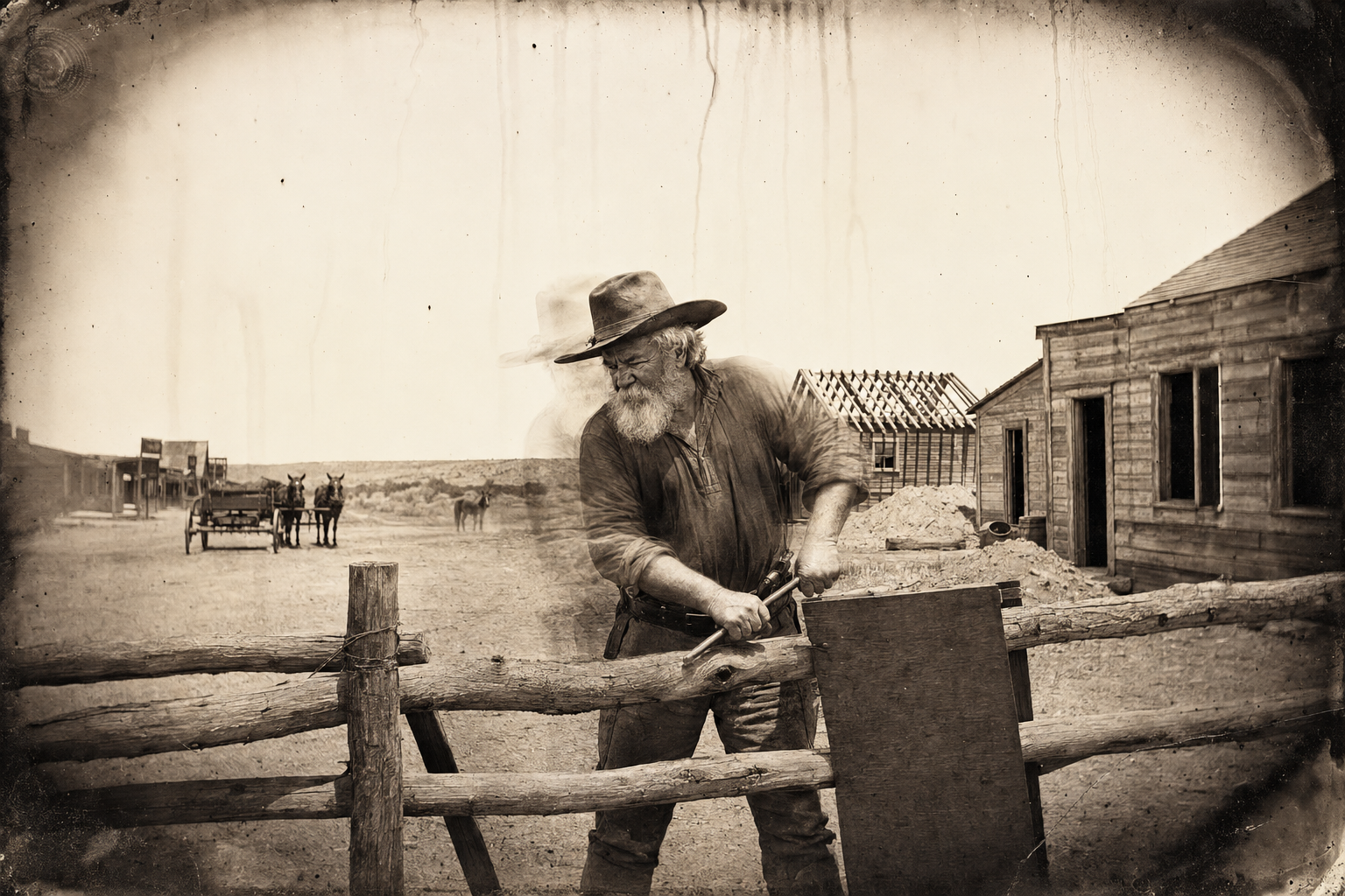 In the dead-still empty town, Augustus pries his sign off the Hat Creek corral fence with a crowbar taken from the abandoned blacksmith shop, the roofless barn and the emptied house behind him.