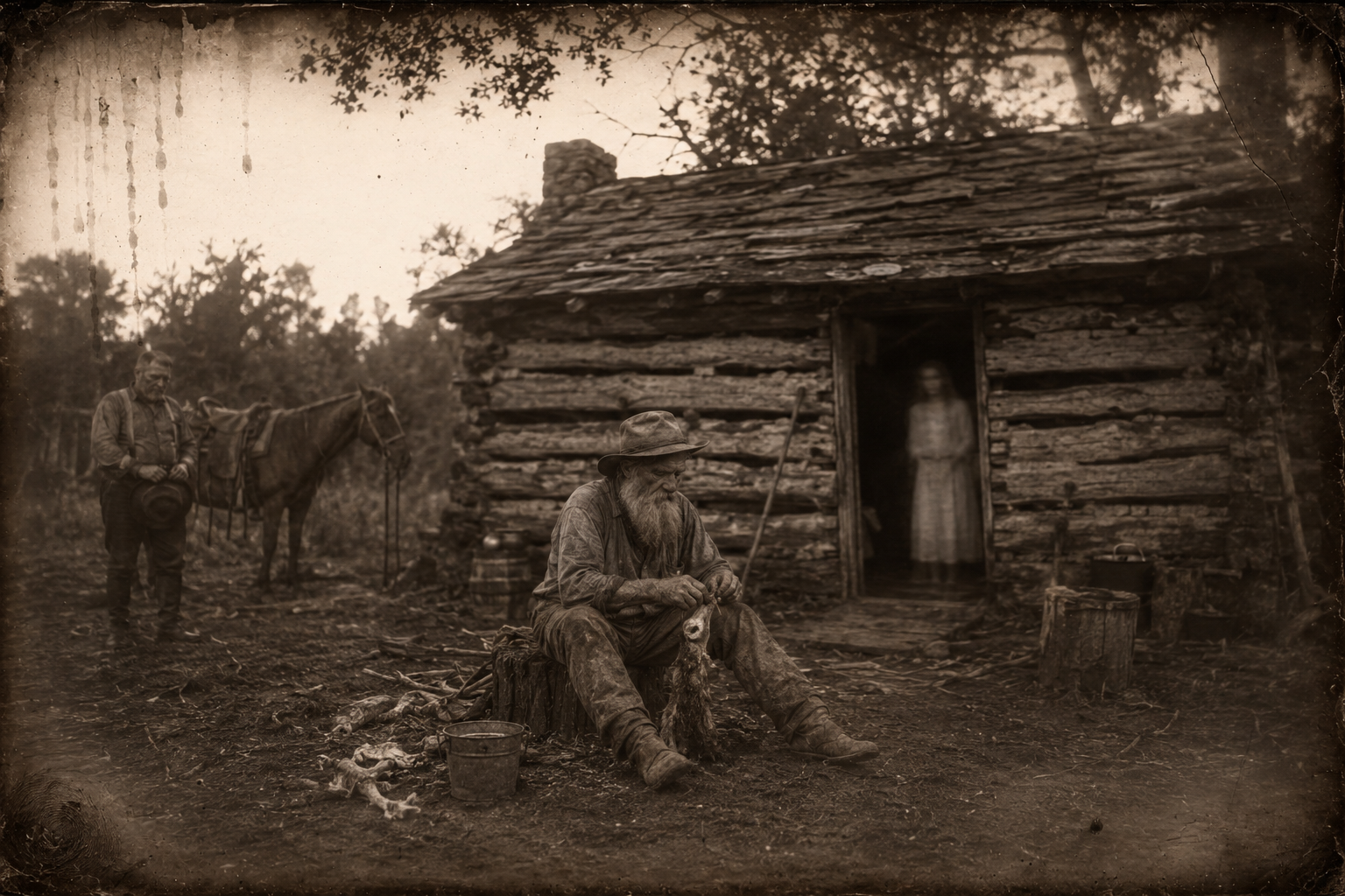 Roscoe's first night in Texas — old Sam sits on a stump skinning a possum without looking up, and the girl appears in the cabin doorway behind him.