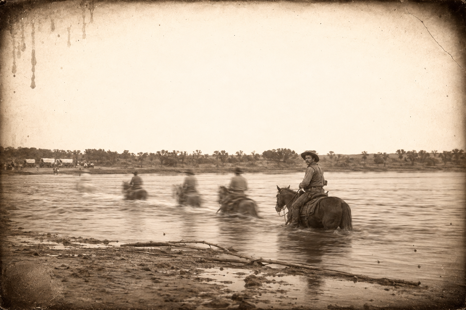 Crossing the Red River with the Suggs brothers into the Territory — fifteen minutes that make Jake an outlaw.