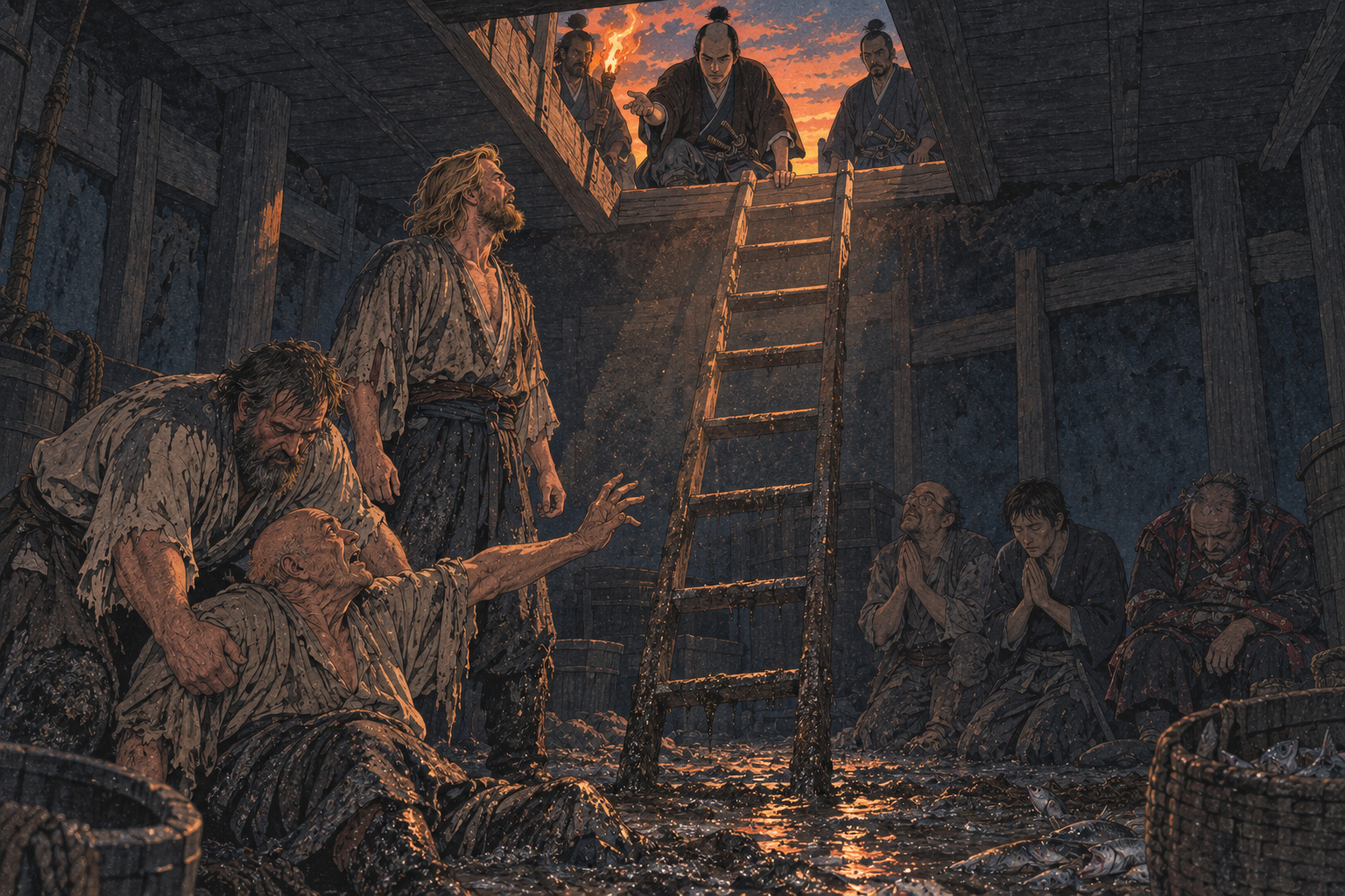 The ladder lowered at dusk