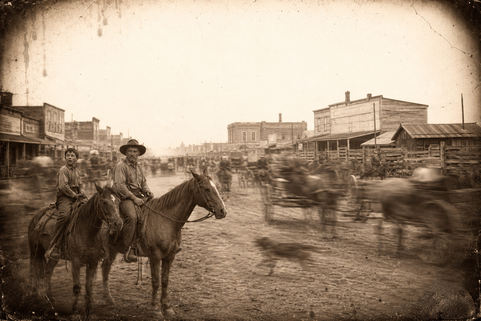 Late in the day they ride into Fort Worth, and the number of houses and the wide dusty streets full of wagons amaze Joe.