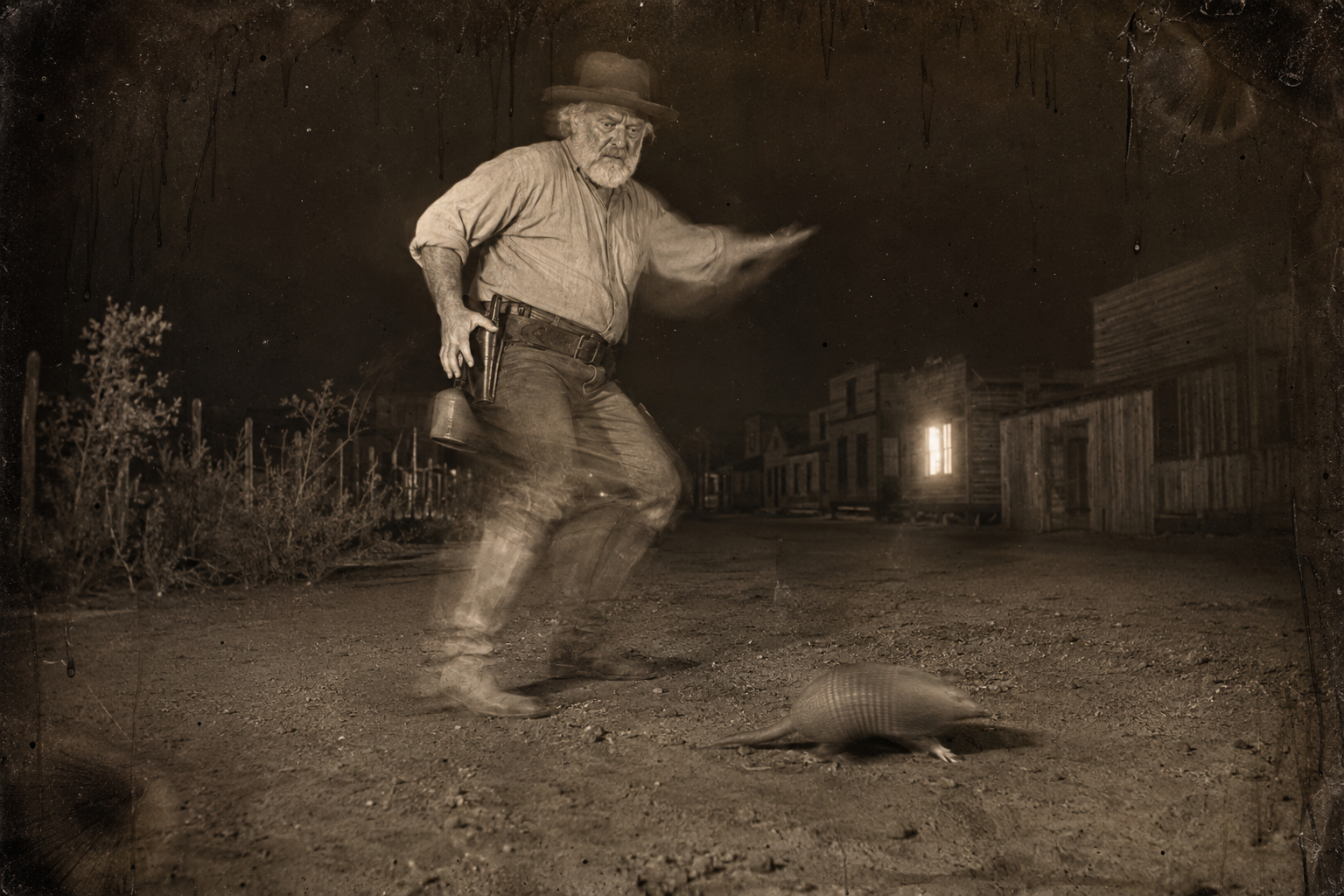 An armadillo runs at Augustus's feet in the dark street and he jumps sideways, thinking snake.