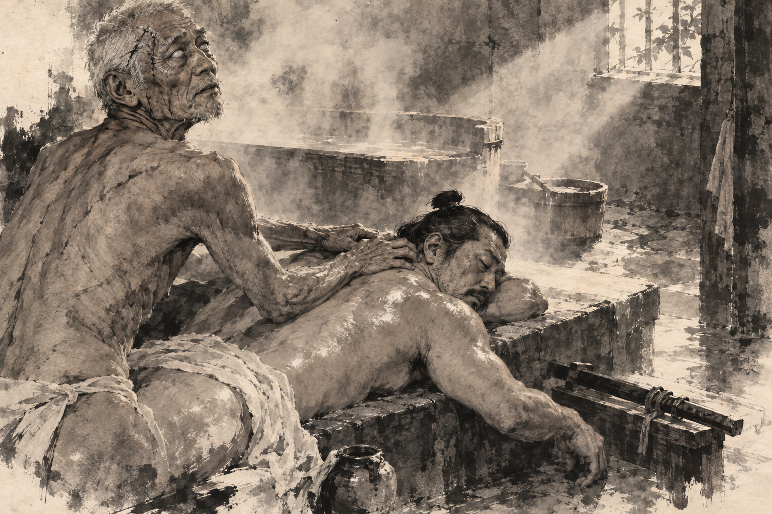 The blind man's fingers at the daimyo's neck