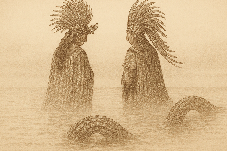 The primordial sea before creation, still and empty beneath an empty sky.
