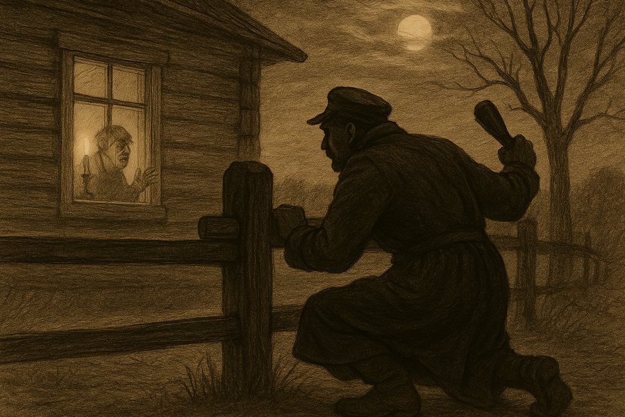 Dmitri at his father's window in the night, brass pestle raised.