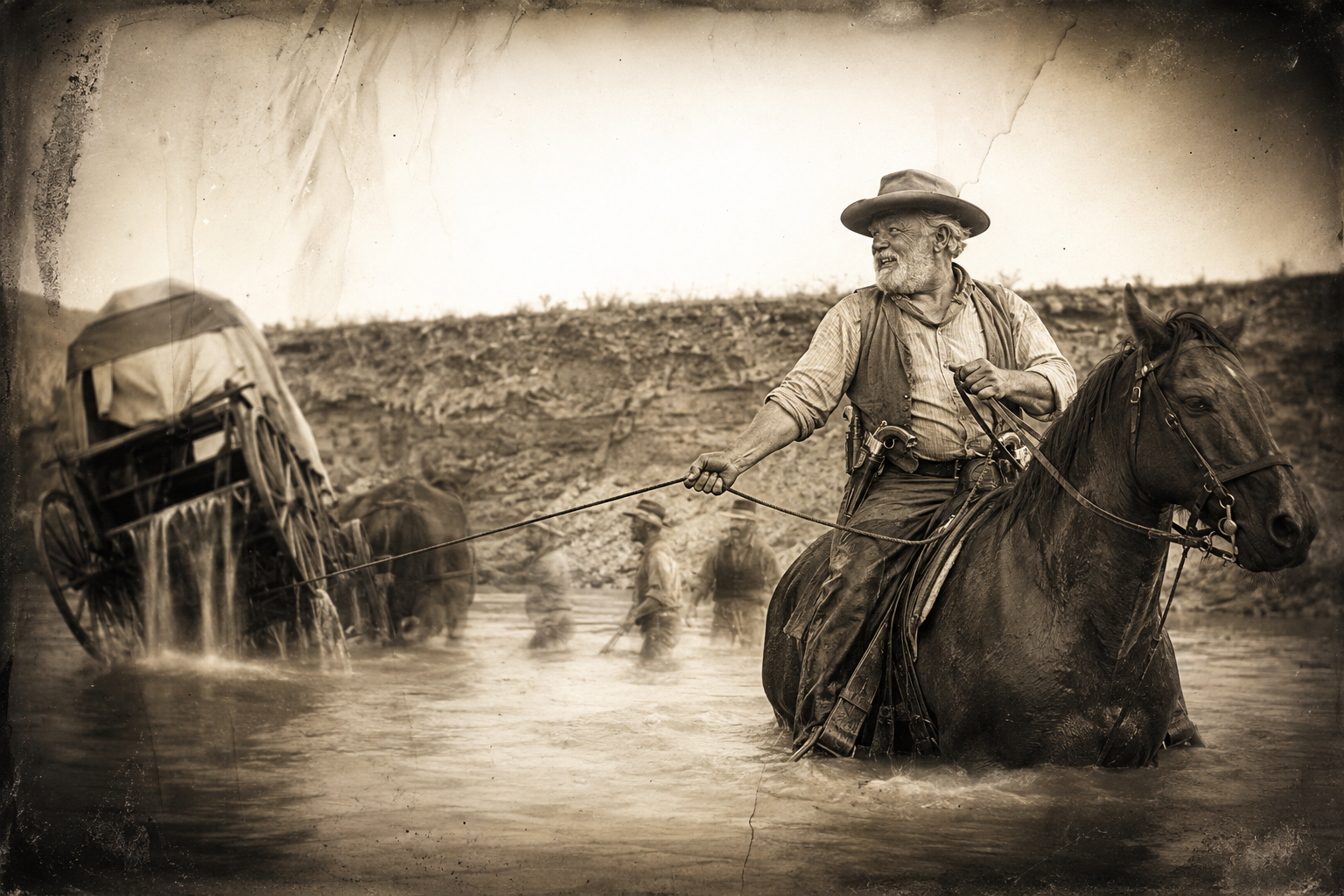 Augustus, in the water on old Malaria, throws a loop over a spinning wheel and spurs the big horse to tilt the wagon onto one edge.