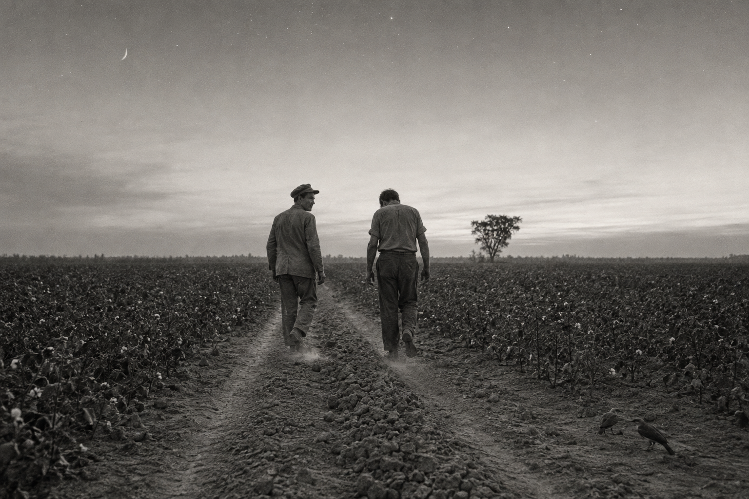 Two men walking the cotton rows before dawn