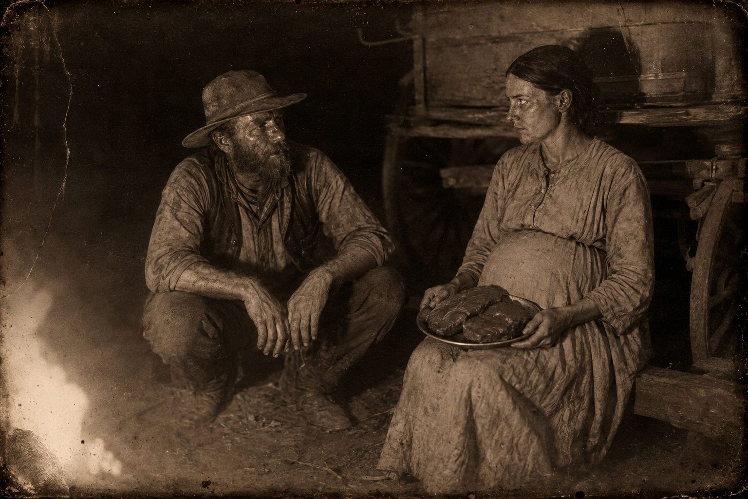 Evening halt on the plains — Fowler brings Elmira the buffalo liver and tongue and tells her about Ogallala.