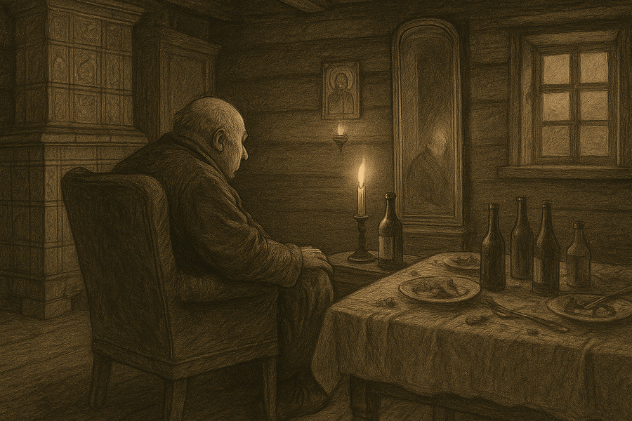 The debauched old landowner Fyodor Pavlovich Karamazov leering in his cluttered house.