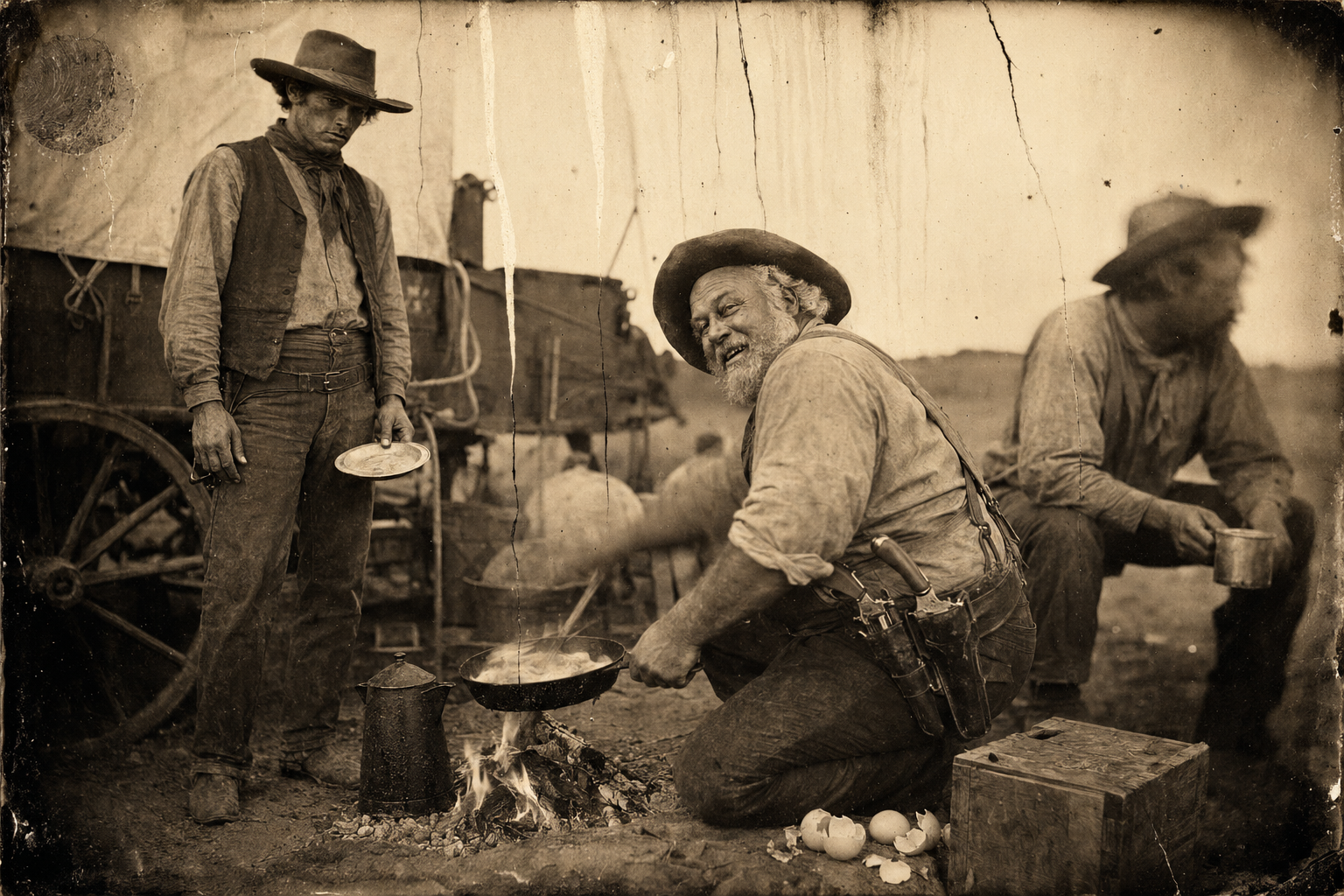 Breakfast — Augustus pours the eggs into a big skillet and scrambles them while Dish Boggett watches helplessly.