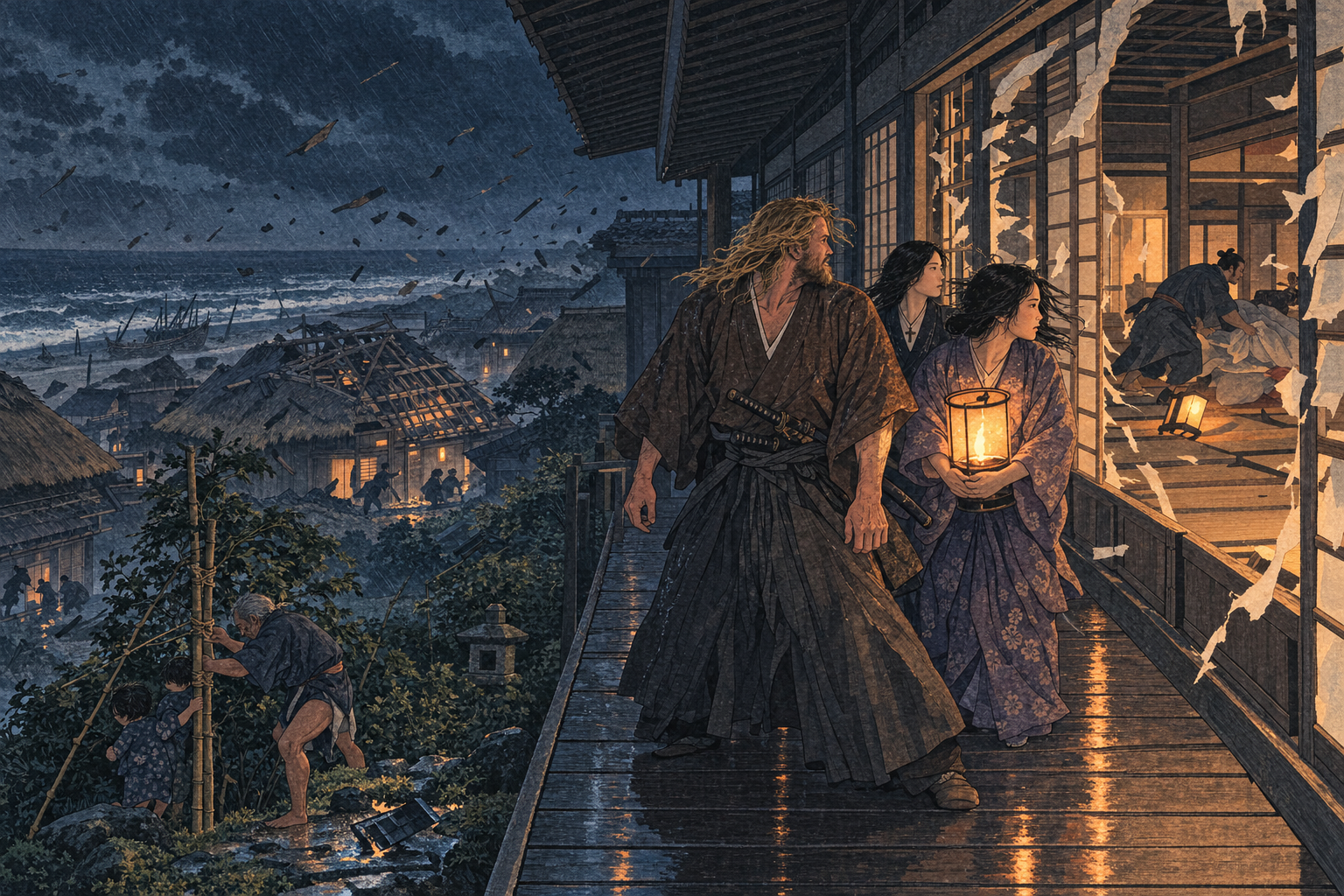 The gale strips the village walls