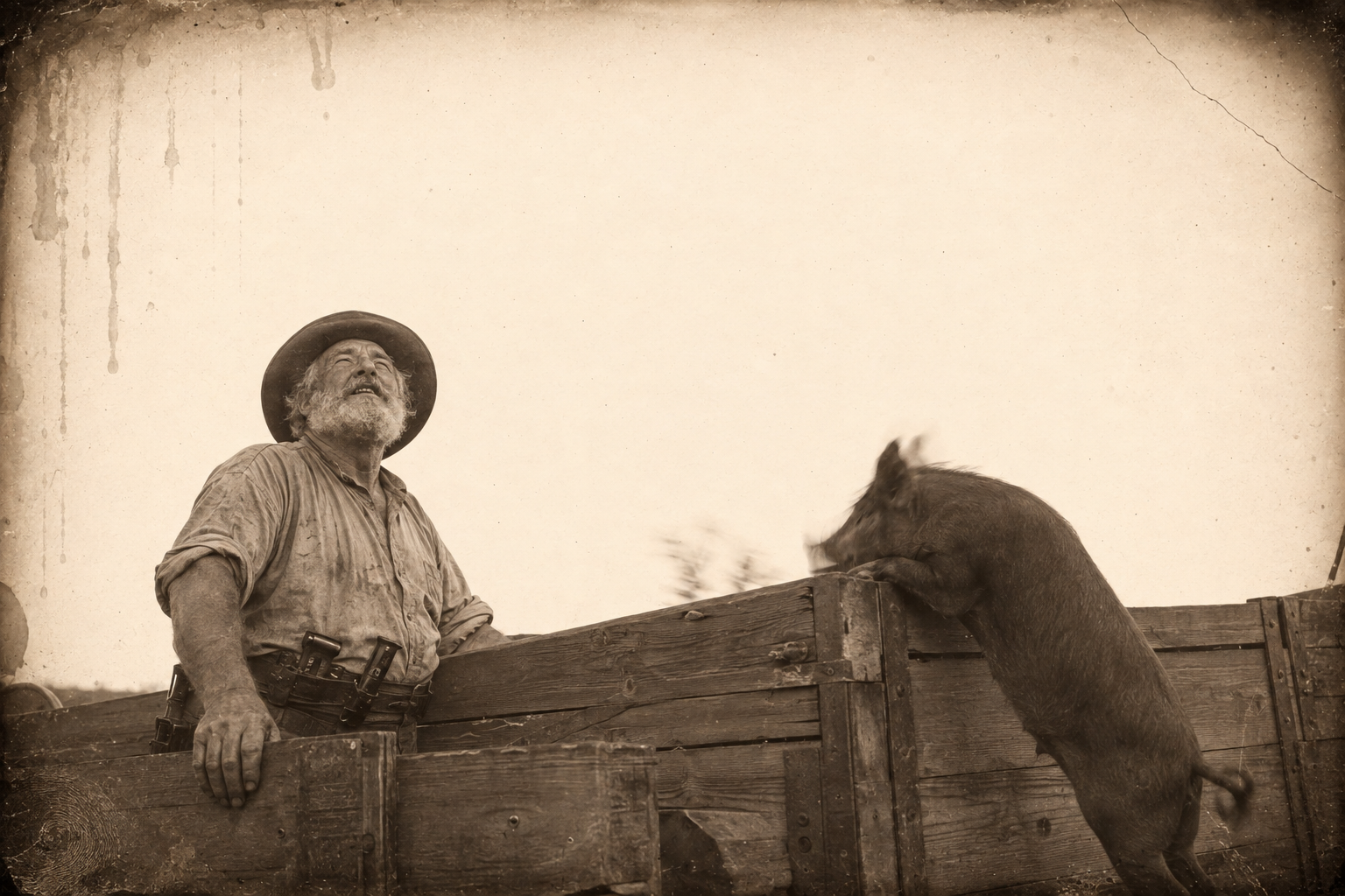 Told that the sky is his wife, Augustus looks up at a cloudless sky while the shoat rears against the wagon to see the hatchlings.