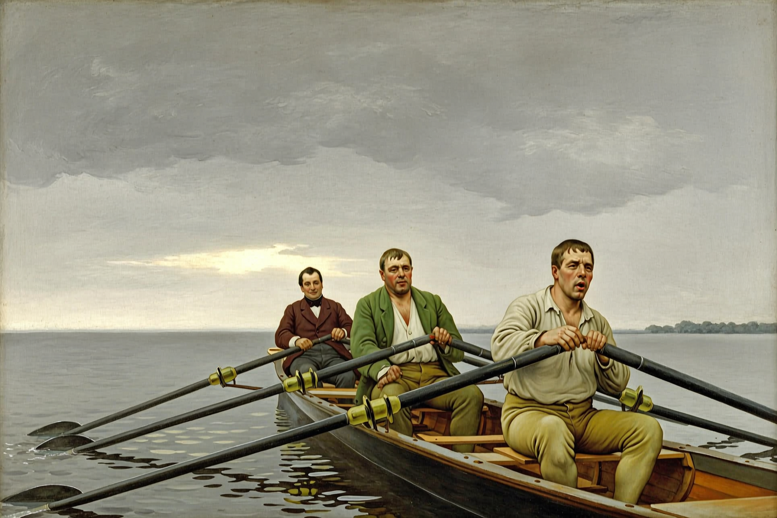 Twenty-four oars raised at once