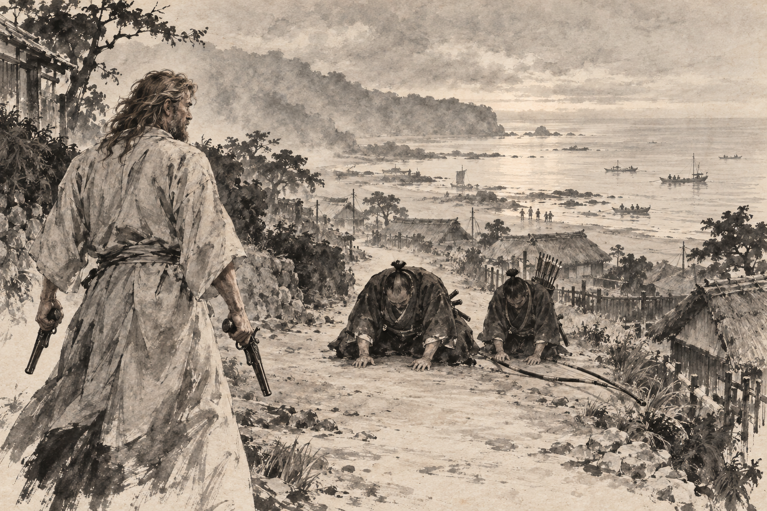 Buntaro kneels in the road at dawn