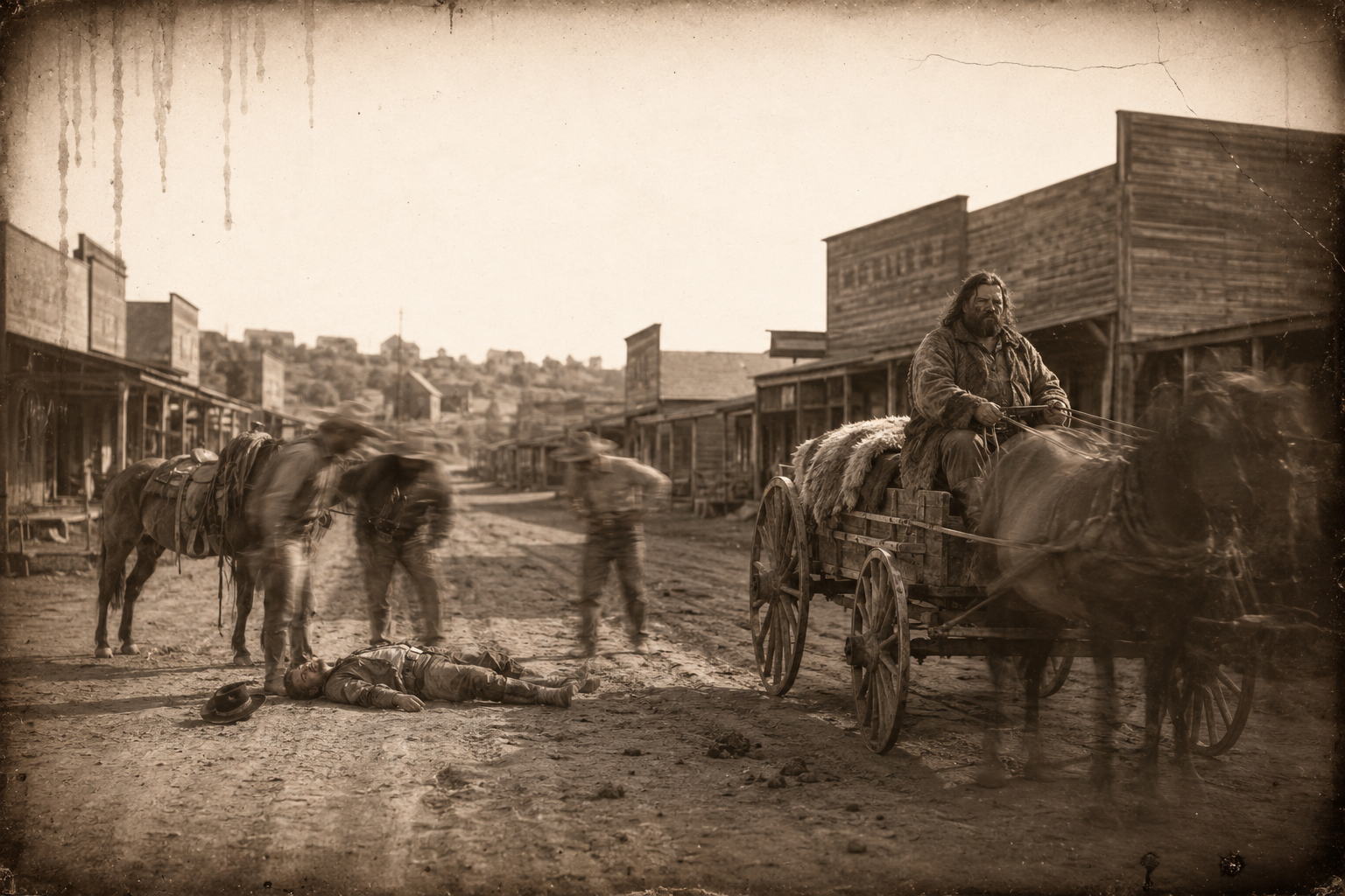 The wagon pulls into Ogallala at first light, where a drunk cowboy has fallen in the street trying to mount his horse from the wrong side.