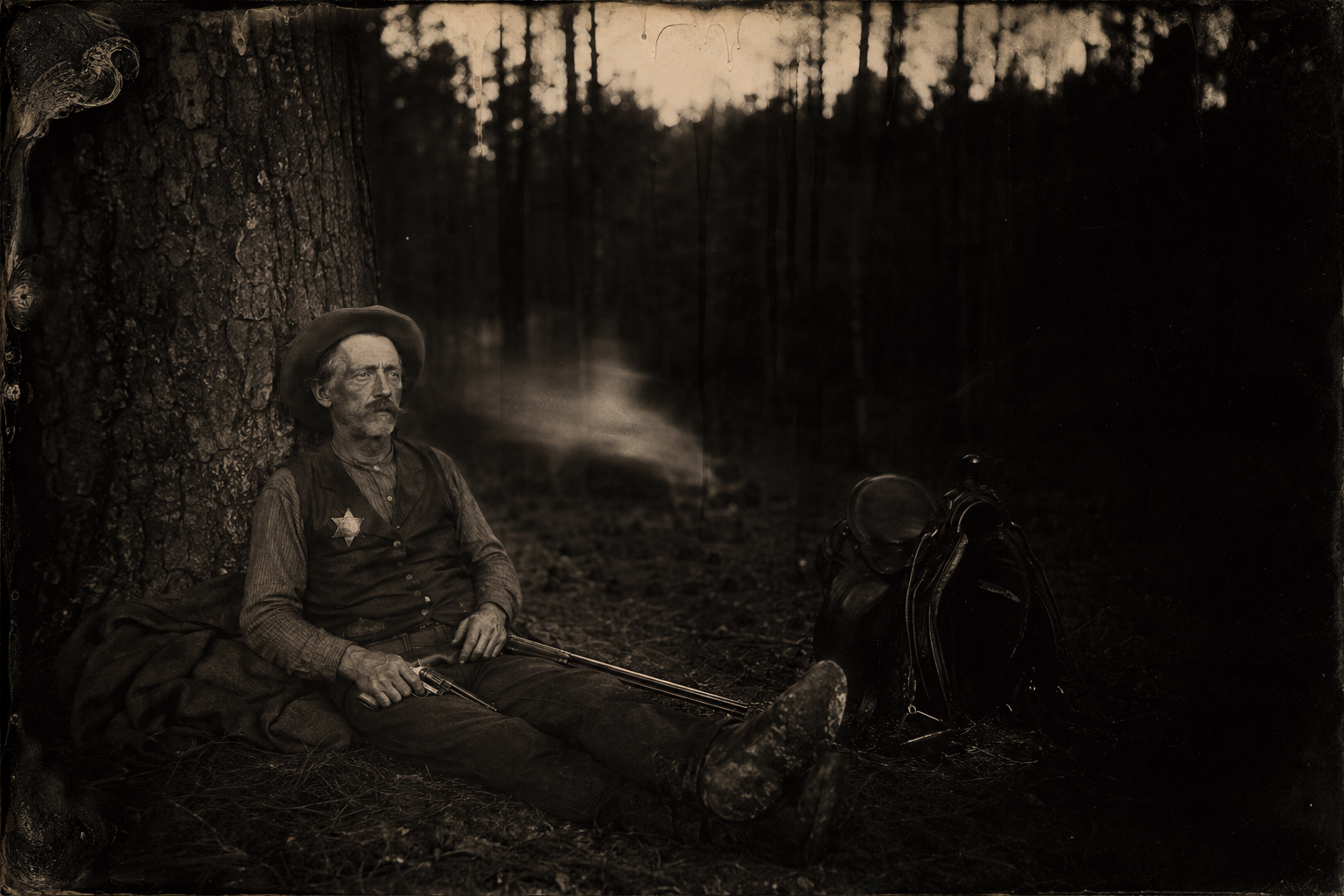 His first camp, ten miles from town — the whole night sat with his back to a tree, pistol in his hand and rifle across his lap, listening to woods he cannot read.