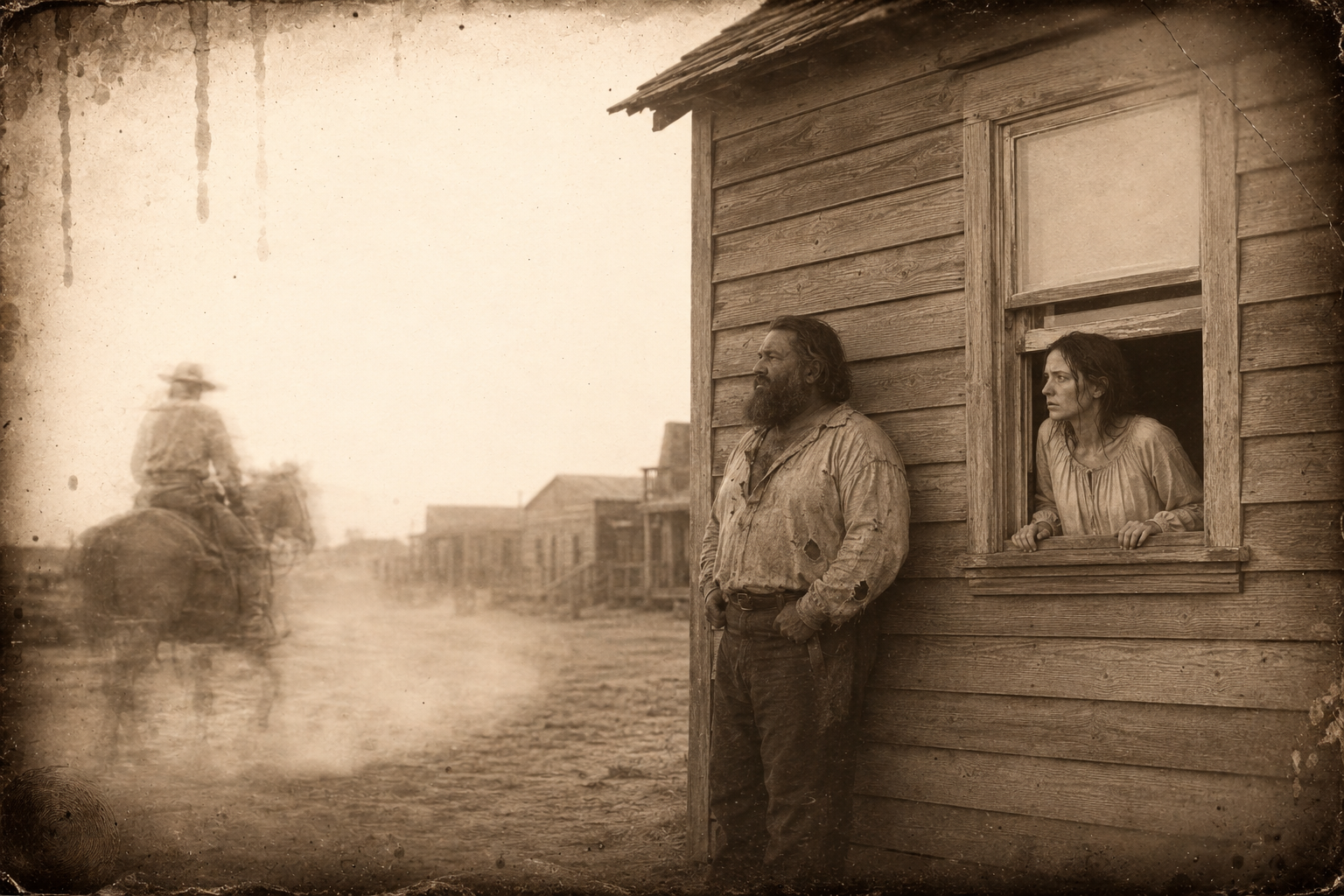 July rides past the window and Elmira gets out of bed to watch him go, with Zwey standing outside watching too.