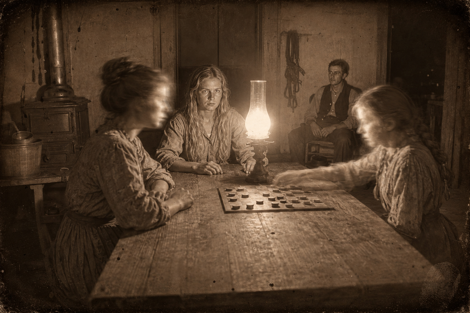 Lorena plays draughts with Sally and Betsey at the kitchen table while July Johnson, too shy to join in, sits and looks at her in the lamplight.