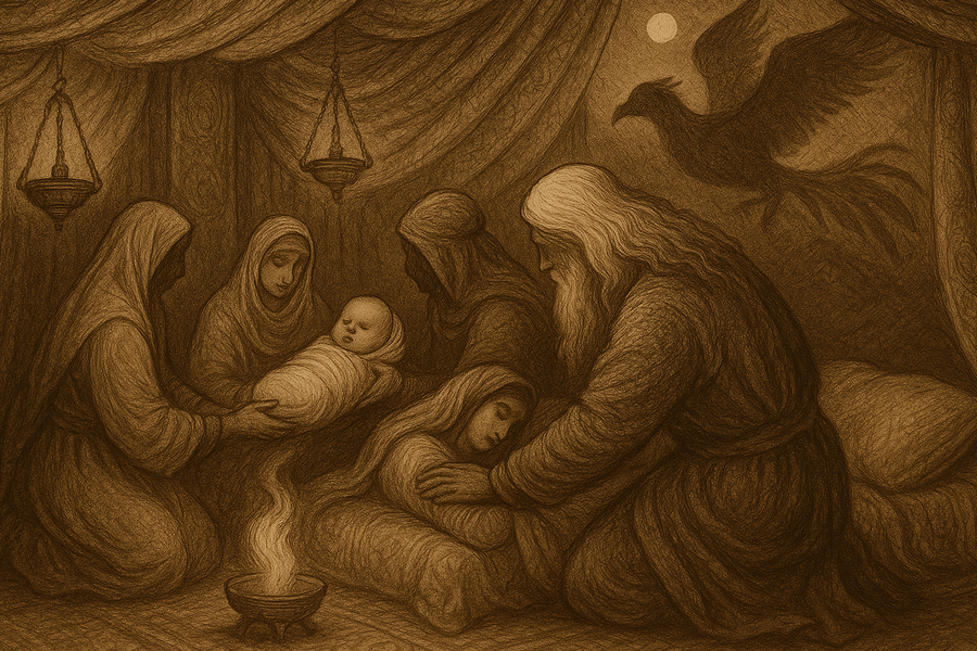 The infant Rostam delivered by the wisdom of the Simurgh, the vast feathered mother-bird wheeling above the birth-tent.