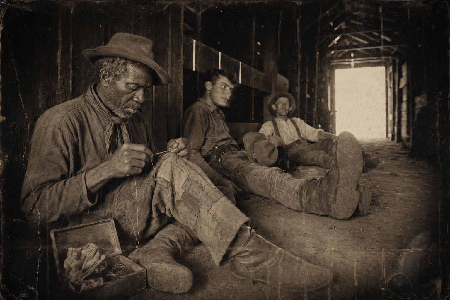 In the shade of the barn alleyway, Deets gets out his needle and heavy thread the minute he sits down and goes back to patching his pants — "These pants got to last."
