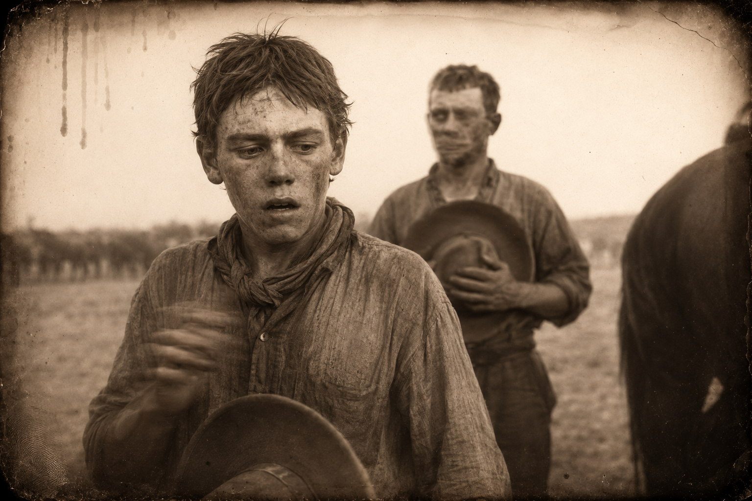 Newt, waved over from the far side of the herd, sees Mouse gushing blood and goes faint with shock while Ben Rainey stands guilty behind him.