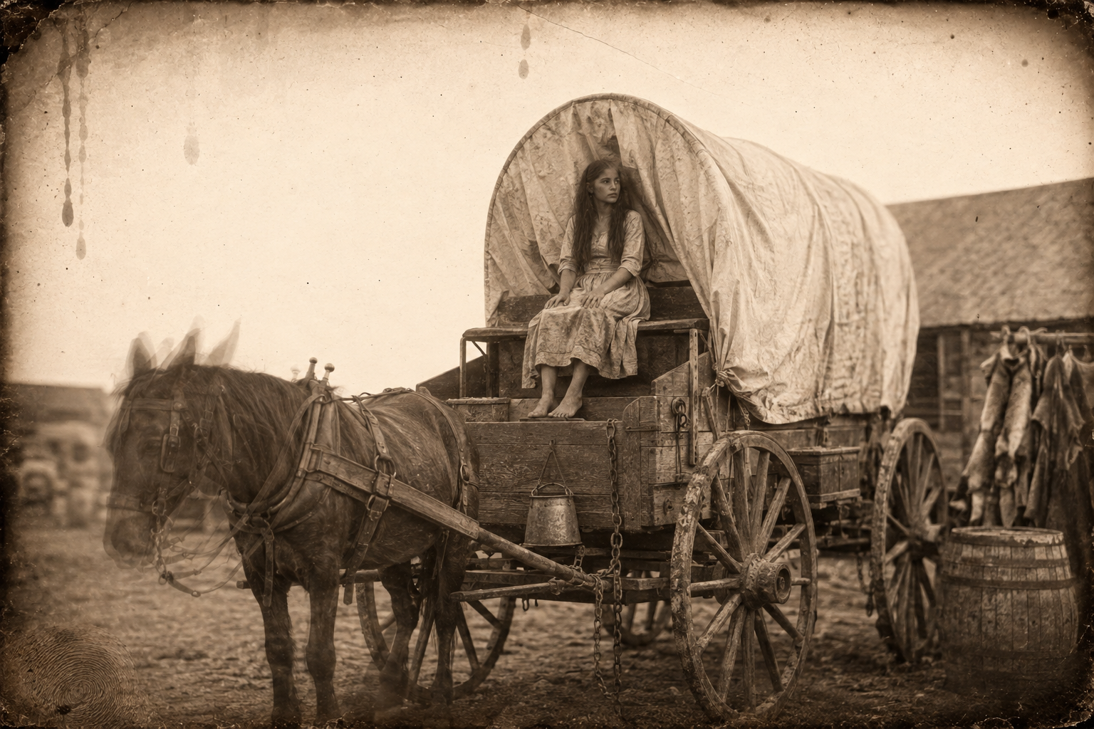 The barefoot black-haired girl on the wagon seat, waiting for her folks to finish shopping — the beauty Jake decides to go and speak to.