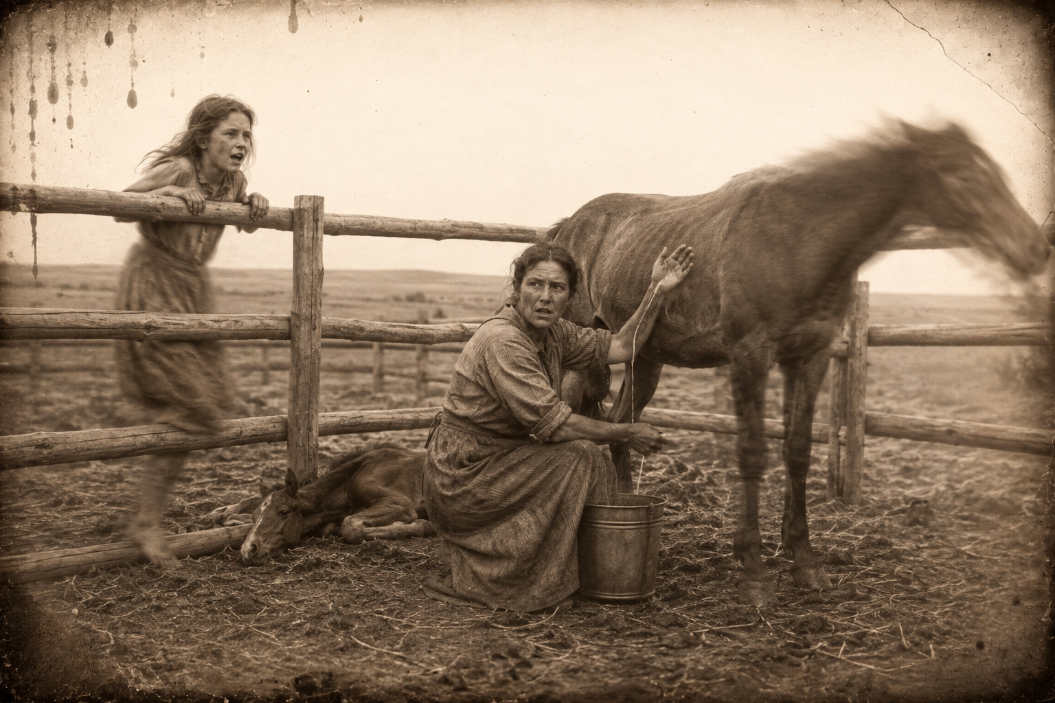 Clara is milking the mare in the lots when Sally comes racing down with news of a wagon, and the startled mare makes her squirt milk along her own arm.