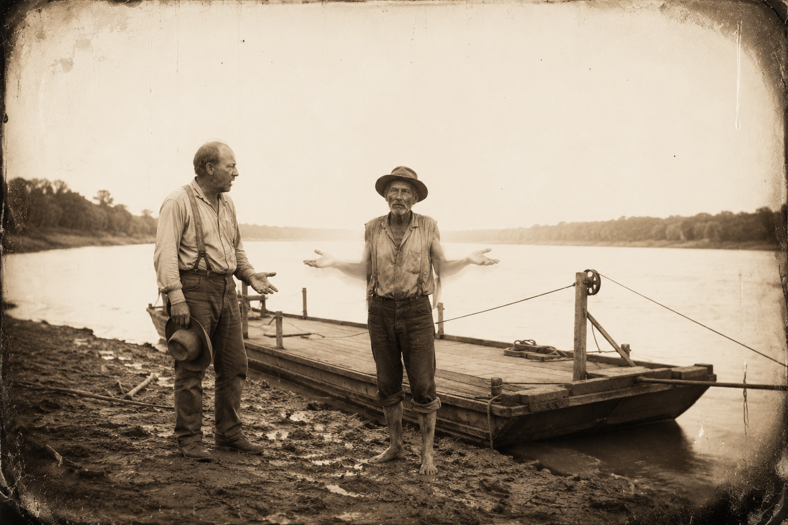 At the river, old Sabin the ferryman shrugs and tells Roscoe he saw a woman board the whiskey boat the morning it left — "I figured it was a whore."