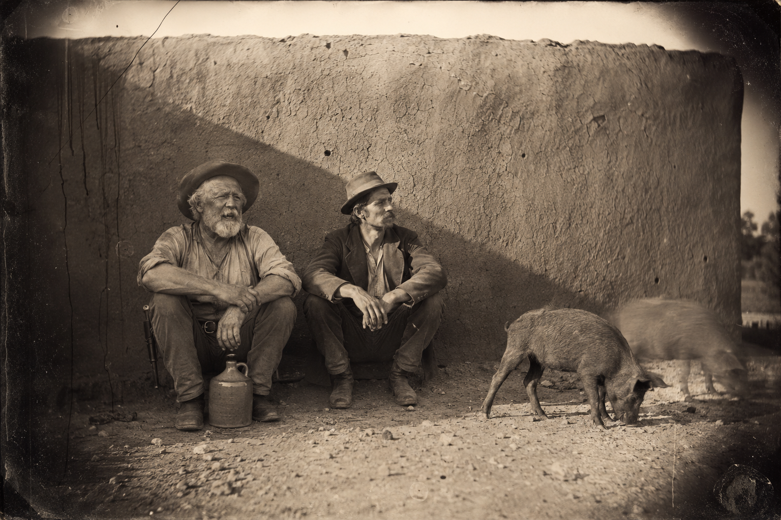 The two squat in the springhouse shade with the jug while the pigs come nosing round a yard with not so much as a grasshopper in it.